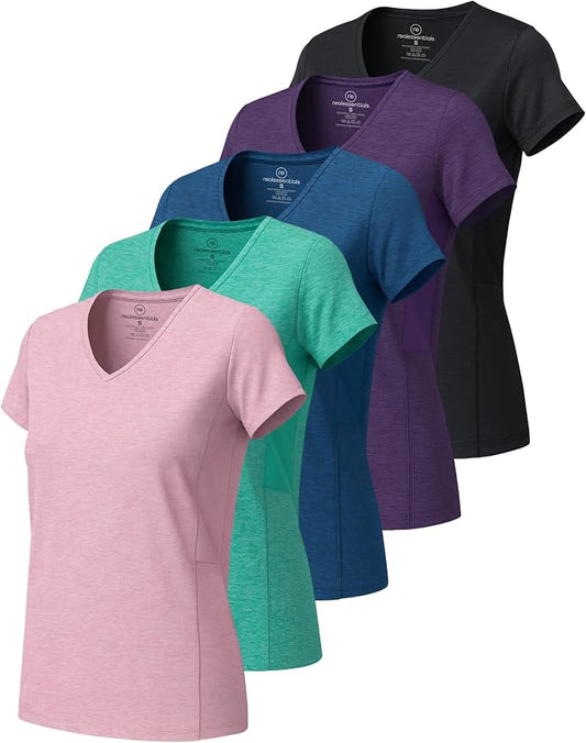 5 Pack Women's Dry Fit V Neck Workout Tops T Shirts Athletic Gym Yoga Tees | Available In Plus Size, Cooling Moisture-Wicking, Short Sleeve, Quick-Dry, Fitness, Stretch, Exercise, Running, Hiking by RealEssentials