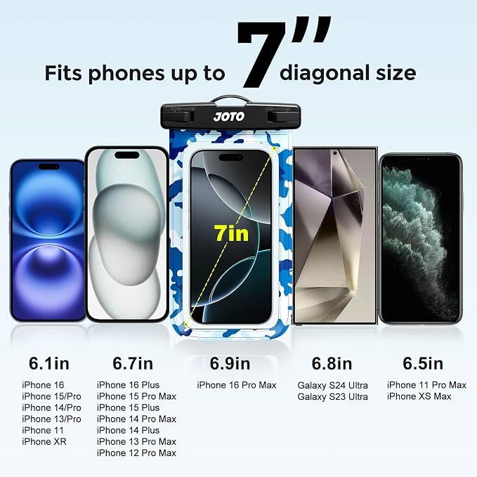 JOTO Up to 7" Universal Waterproof Phone Case for iPhone 17 Air 16 15 14 13 12 11 Plus Pro Max, IPX8 Cellphone Dry Bag XR X SE, Galaxy S23 S22 S21 S20+ S20 S10 Plus Note, Pixel -CamoBlue - Image 4