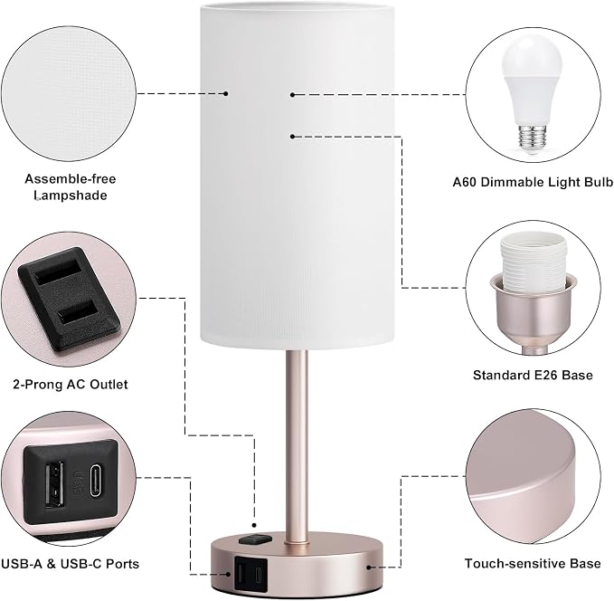 Fenmzee Antique White Bedside Table Lamp for Bedroom - 3 Way Dimmable Touch Lamp USB C Charging Ports and AC Outlet, Small Lamp Gold Base Round Flaxen Fabric Shade for Living Room, Desk - Image 6