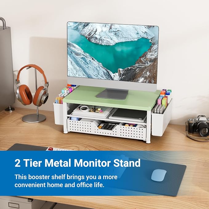 Wood Metal Monitor Stand Riser, Laptop Stand for Desk, Office Desk Organizer and Accessories, Computer Desktop Shelf with Drawer and Pen Holder, Printer Stand for Home, Office, Dorm (Green Wood) - Image 2
