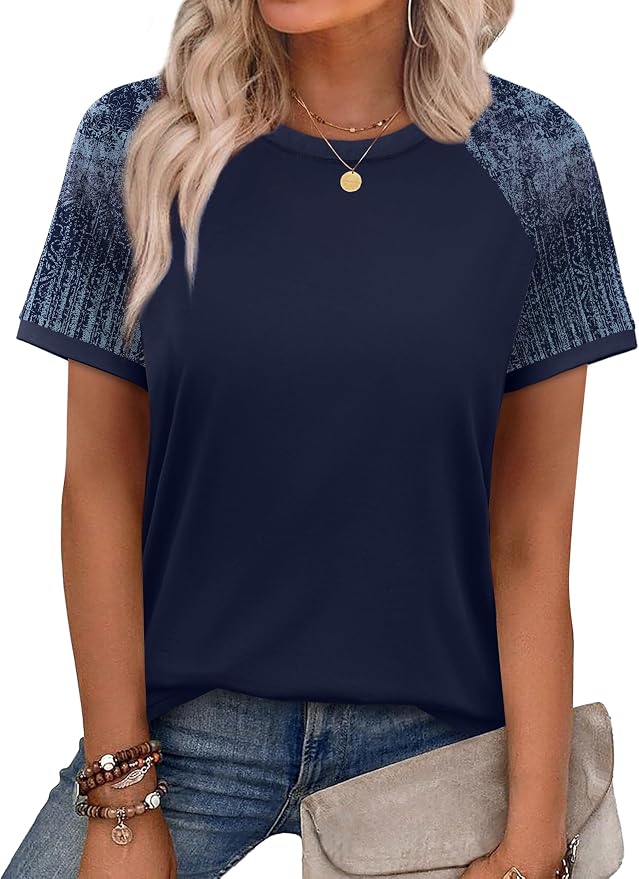 WIHOLL Womens Summer Tops Color Block Short Sleeve Raglan Shirts Spring Fashion Clothes Vacation Outfits - Image 2