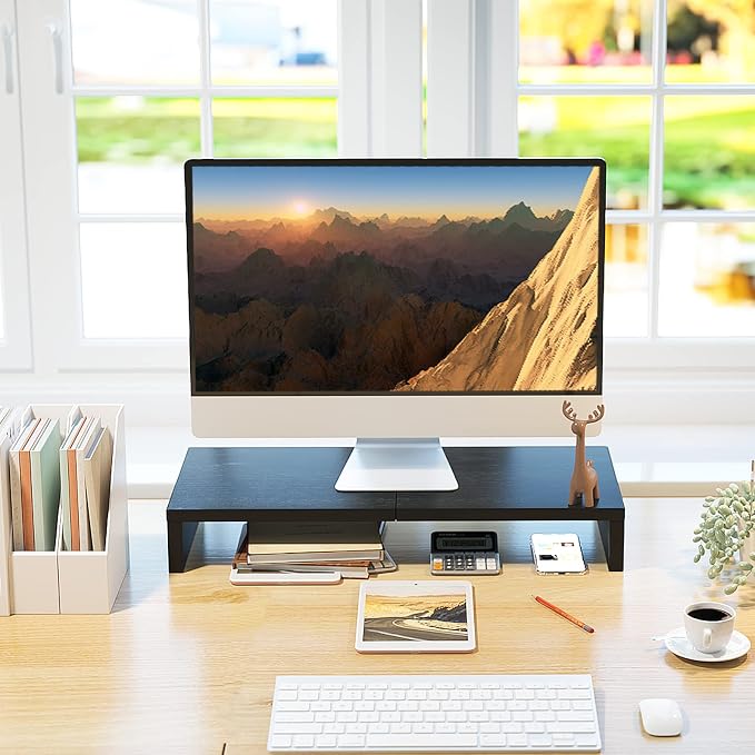 TEAMIX 20 Inch Monitor Stand Riser, Black Desktop Stand for PC/TV/Laptop/Printer, Wood Monitor Riser with Storage, Computer Stand Keyboard Organizer - Image 2