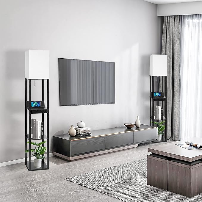 Floor Lamp with Shelves, RUNTOP LED Shelf Floor Lamp with Wireless Charger & 2 Charging USB Ports & Drawer, AC Outlet, 3 Color Temperature Tall Standing Lamp with Bulb for Living Room, Bedroom, Office - Image 6