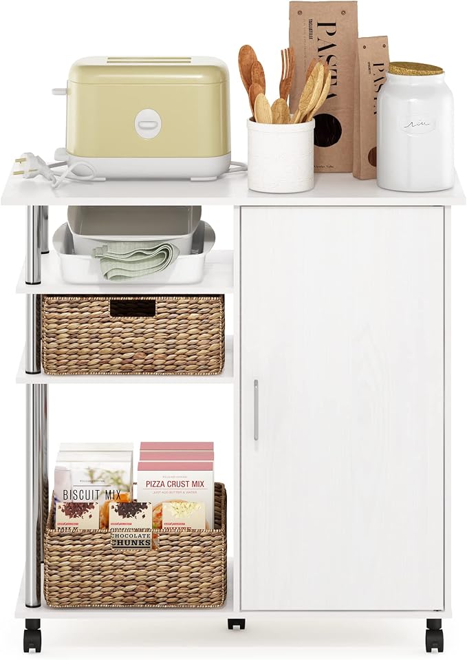 Furinno Helena Rolling Cart, 4-Tier Rolling Utility Cart with Closed Cabinet, Storage Cart, for Office, Living Room, Kitchen, Storage and Organizers, White Wood - Image 4