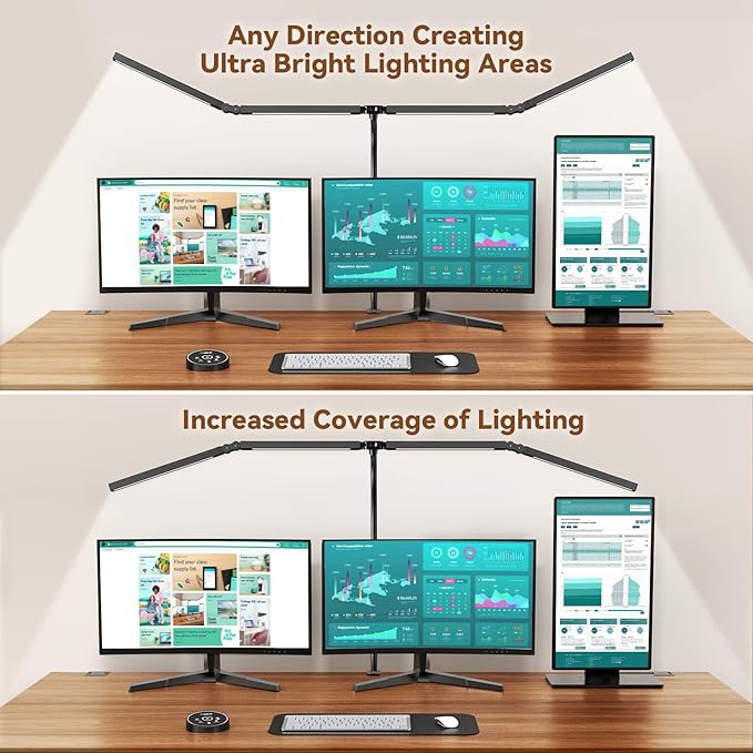 Pzloz Led Desk Lamps for Home Office - Eye Caring Architect Lamp with Clamp, Double Head Computer Monitor Work Desk Light with Remote Control: 24W Flexible Dimmable Desktop Table Lamp - Image 2