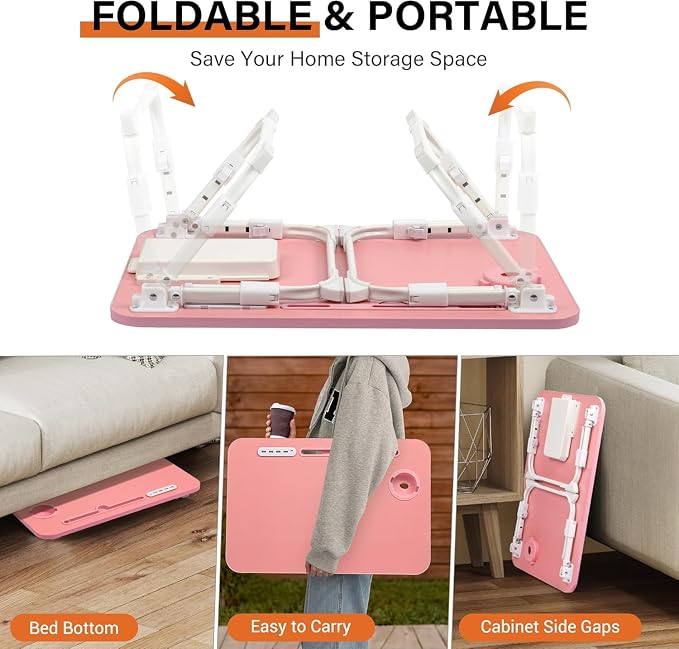 Lap Desk for Bed, Adjustable Laptop Desk with USB Charging Port, Storage Drawer & Bookshelf — Foldable Bed Desk for WFH & Students, 23.6" Desktop Fits 20" Laptop, Non-Slip, Pink - Image 7