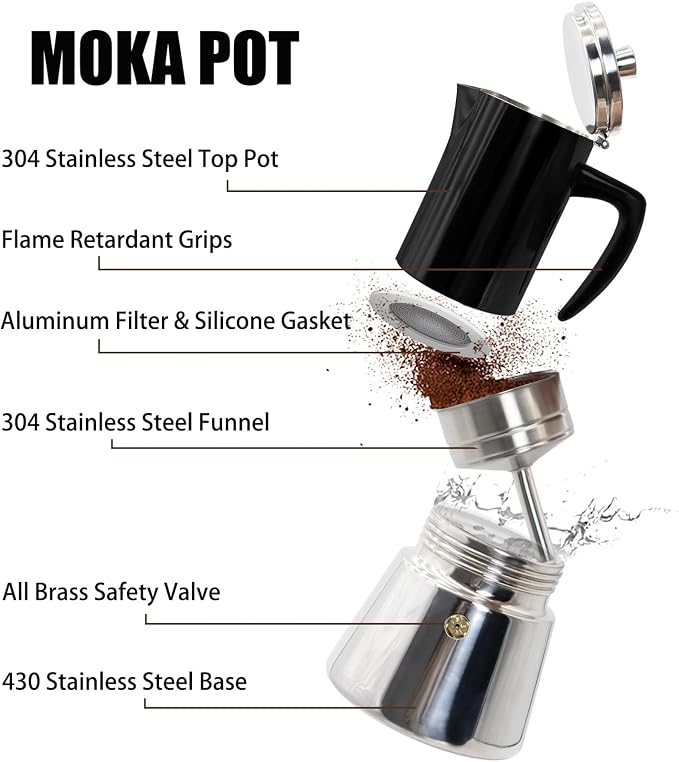 6 Cup Thickened 304 Stainless Steel Moka Pot Stovetop Espresso Maker Cafeteras Italian Percolator Espress Makers Capable Greca Mocha Coffee Machine for Induction Home and Camping 300ml 10oz - Image 4