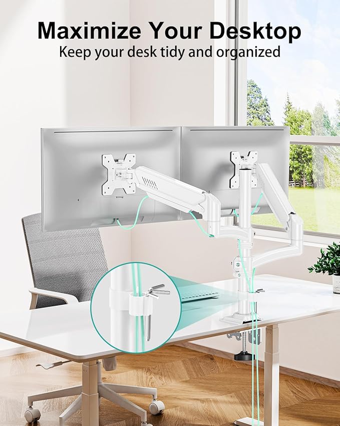 Dual Monitor Stand for 2 Screens up to 32 inch, Vertical Stacked Dual Monitor Mount, Full Motion Adjustable Tall Double Monitor Desk Mount, Each Arm Holds 4.4-22lbs, VESA 75/100mm, White, Freelift - Image 6