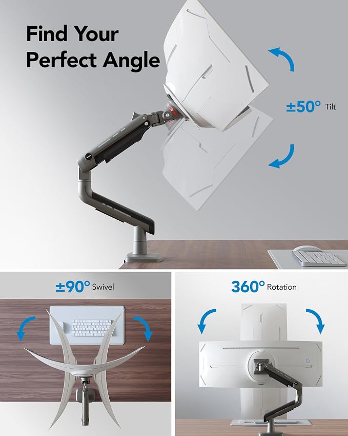 HUANUO TitanLift Heavy Duty Monitor Arm for Screens up to 49", Holds 44 lbs, Aluminum Ultrawide Screen Monitor Mount, Fully Adjustable Single Gaming Desk Mount with Dual C-Clamp, Max VESA 100x100mm - Image 4