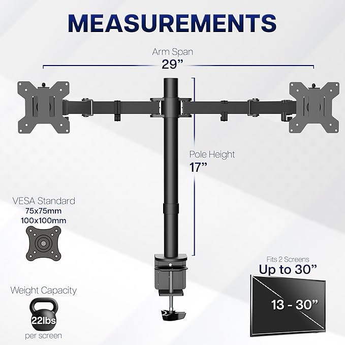 VIVO Dual Monitor Desk Mount, Holds 2 Computer Screens up to 30 inches and 22lbs Each, Heavy Duty Fully Adjustable Steel Stand with C-Clamp and Grommet, Black, STAND-V002 | Black, Articulating, Adjustable Monitor Arm, Grommet or C-Clamp Mounting, Compu... - Image 5