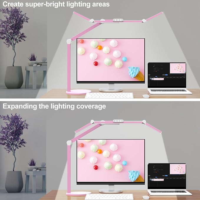 Micomlan Led Desk Lamp with Base, Adjustable Tall Architect Desk Light for Home Office with Flexible Swing Arm, 24W Pink Bright Table Lamp Auto Dimming Computer Light for Workbench - Image 2