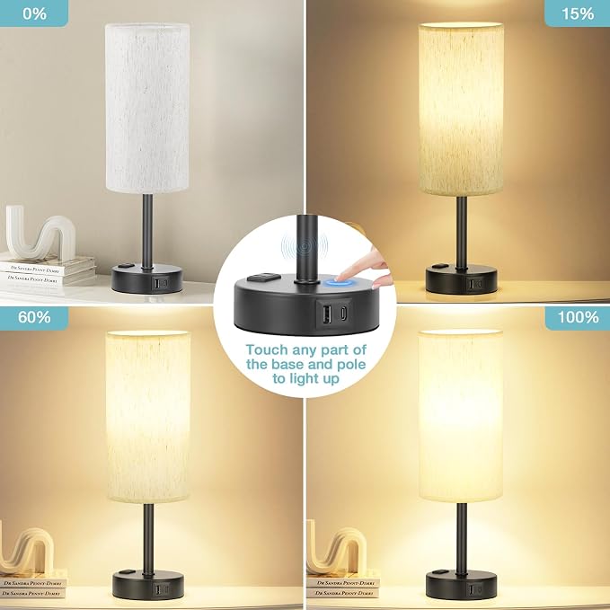 Light Beige Table Lamp for Nightstand - 3 Way Dimmable Bedside Lamp for Bedroom with USB C A Charging Ports and AC Outlet, Small Desk Lamp with Black Base for Living Room, Office, LED Bulb Included - Image 2