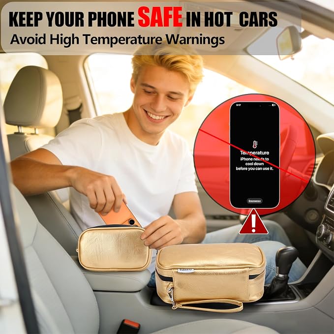 Car Phone Cooling Bag with 2 Ice Packs (Gold) – Active Thermal Pouch Prevents Overheating – Reflective Heat Shield Case for iPhone 17 Pro Max & Android –Essential Summer Work Gear - Image 2