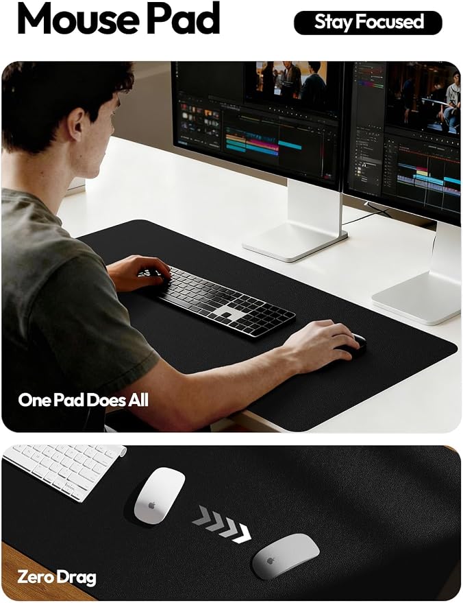 YSAGi Large Extended PU Leather Desk Pad Protector – Non-Slip Waterproof Desk Mat for Office & Home, Easy Clean Mouse Pad & Laptop Writing Blotter 35.4"x17" Black - Image 4