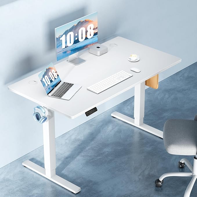 DUMOS 48 Inch Electric Standing Desk, Memory Adjustable Home Office Desk | Sit Stand Up Desk for Work Home Office,Adjustable Desk, Rising Computer Table with Splice Board,Cable Management,Hook,White - Image 2