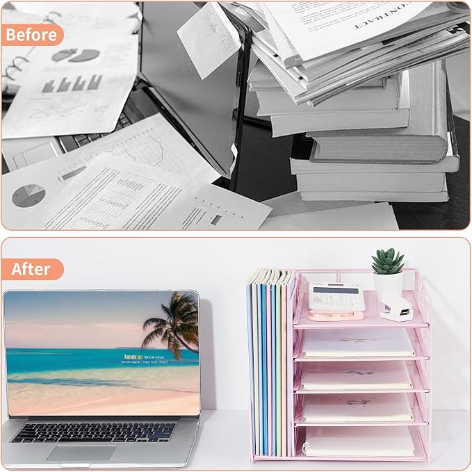LEKETREE Desk Organizers and Accessories, 5-Tier Paper Letter Tray Organizer with File Holder, Desktop Organizer for Office Supplies (Pink) - Image 2