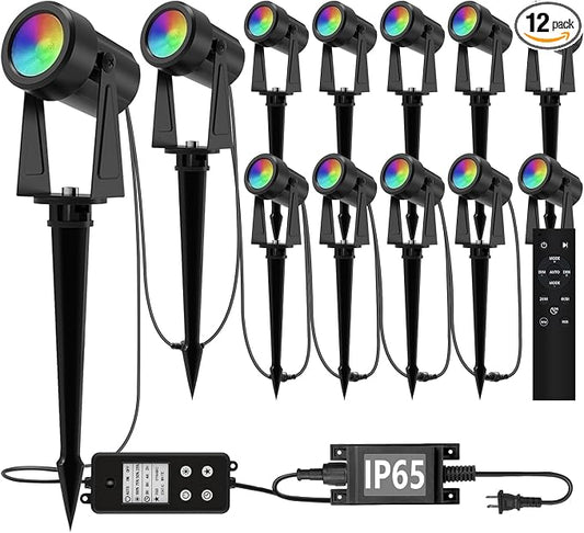SUNTHIN Outdoor RGBW Landscape Lighting with Remote, Dusk to Dawn, 12 Pack | Outdoor LED Landscape Lighting with Remote Control, Color Changing Yard Lights, IP65 Waterproof for Garden, Trees, Lawn by SUNTHIN