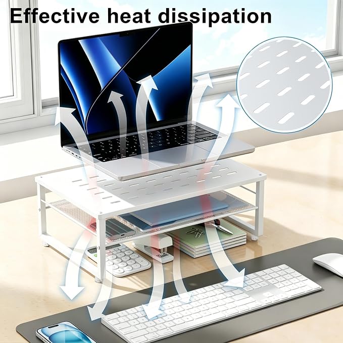 gianotter 2-Tier Metal Monitor Stand Riser, Desk Accessories & Workspace Desk Organizers, Office Desk Storage Organizer for Office Supplies (White) - Image 3