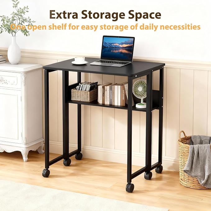 Folding Desk Small Rolling Desk with Storage Shelf,24.8 Inch Foldable Computer Table with Wheels,Portable Office Desk for Small Space Sofa Table,Easy to Fold,Writing Work Office Computer Desk,Black - Image 3