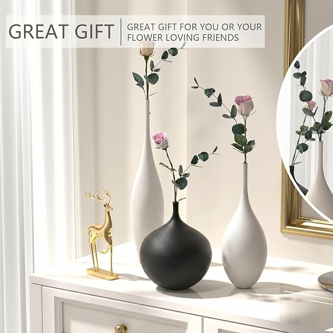 Relexome White Ceramic Vase Modern Wabi-Sabi Black Flower Vase Set of 3 Decorative Aesthetic Vases for Centerpieces Pampas Matte Minimalist Vases for Living Room Table Shelf Home Decor Gift - Image 8