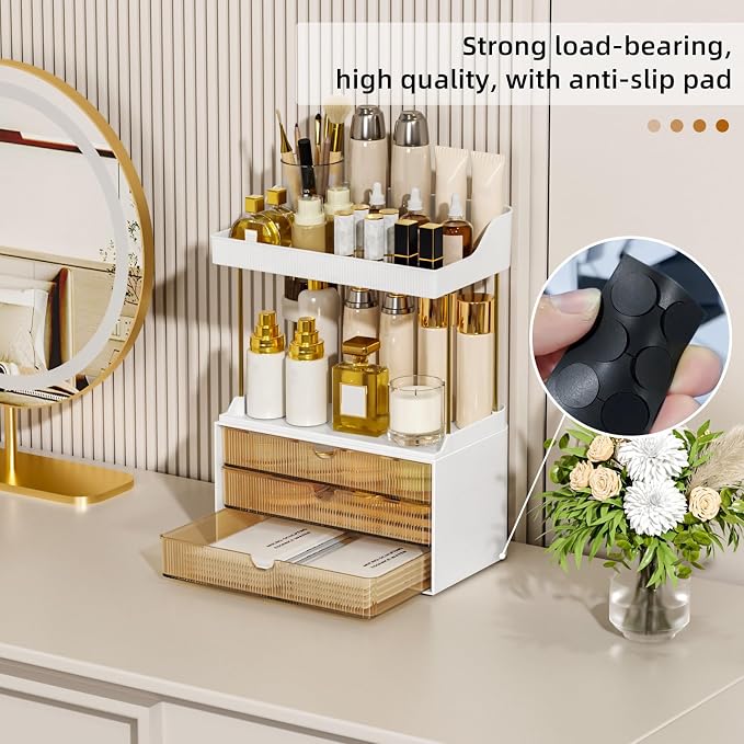 StorBin Arcylic 5-Tier Makeup & Skincare Organizer for Vanity, Bath, 2 Sets | Smooth 3 drawers, clear body, gold frame, non-slip, for perfumes, serums, face masks, palettes, vanity & bath counter,Amber - Image 6