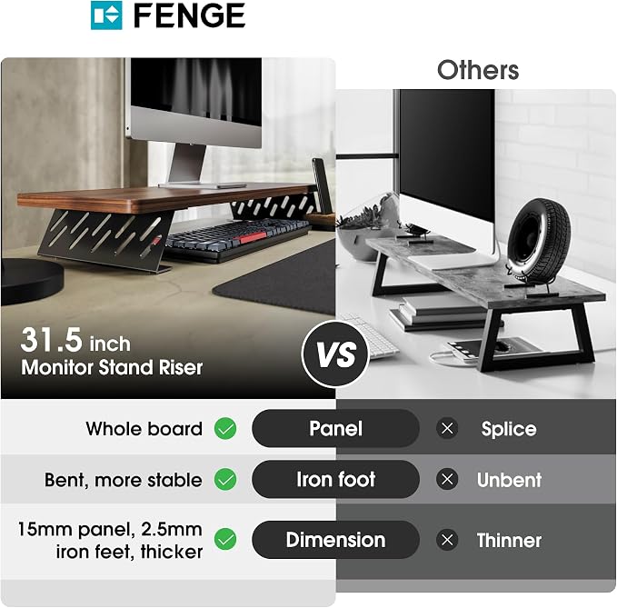 Fenge Monitor Stand Riser, 31.5 Inch Desk Top Shelf for 2 Monitors, Computer Stands for Desk, Wood & Steel Desktop Riser for Laptop, PC, Printer - Image 3