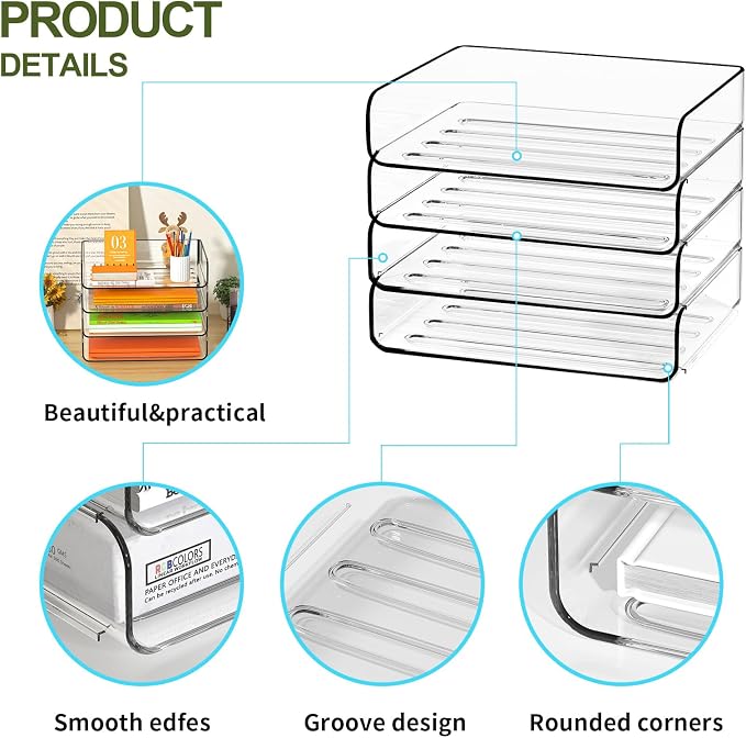 FANXIYQ 4-Tier Acrylic Paper Tray Organizer - Low-Profile Desk File Sorter for Office/Home, Clear Stackable Letter Tray for Bills, Crafts, Notebooks - Image 8
