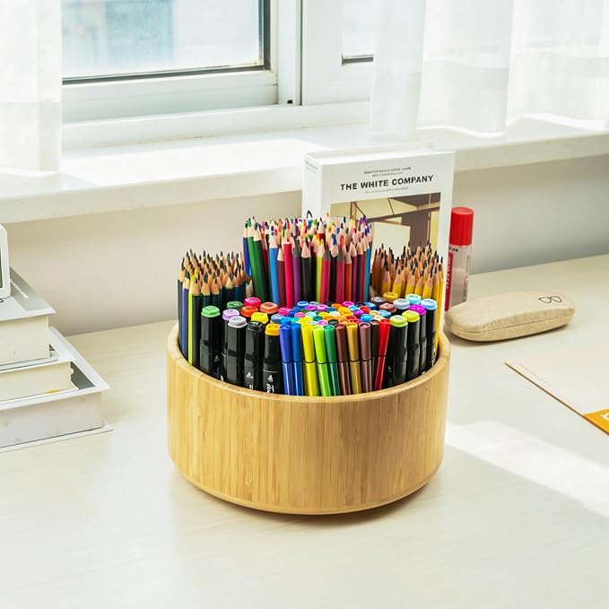 Utoplike Large Bamboo Rotating Pencil Holder, 360° Colored Pen Organizer | Spinning Art Supply Desk Caddy with Raised Center, 11-Compartment Desktop Storage for Pens, Markers and Office Supplies - Image 6