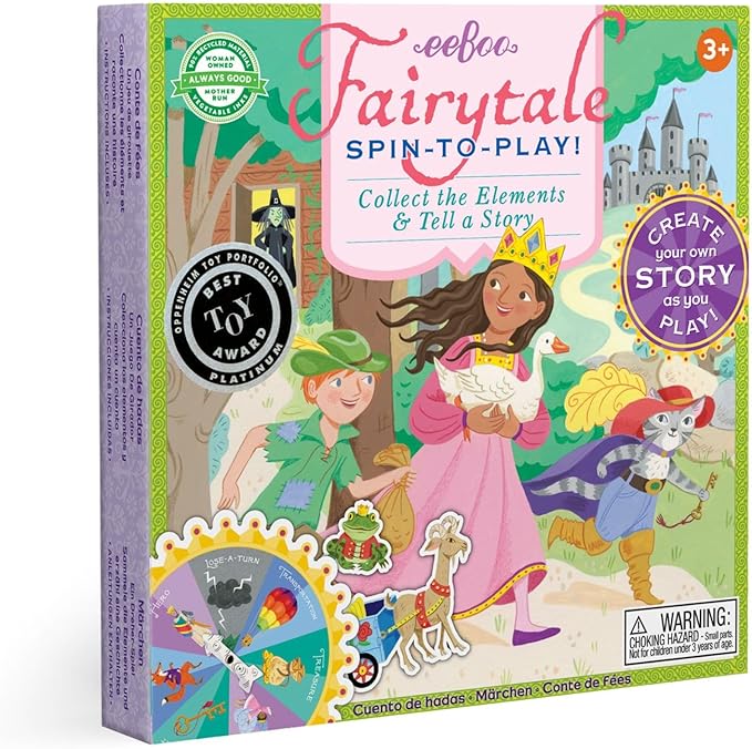 eeBoo Fairytale Spinner Game, Story Building Game, Ages 5+, 2-4 Players | Introduces storytelling & creative thinking. Includes spinner & thematic pieces to create your own story. 15 minute game play by eeBoo