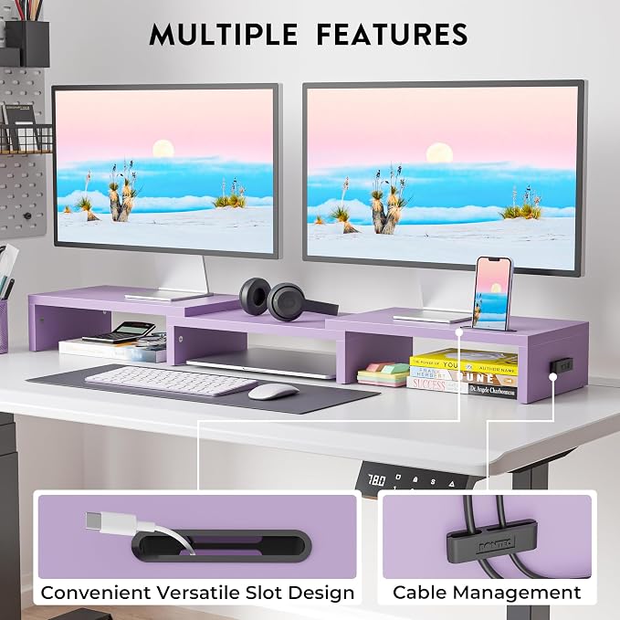 BONTEC Dual Monitor Stand Riser with Smartphone Holder, Adjustable Length & Swivel Angle, Ergonomic Wooden Desktop Organizer for PC Monitor, Laptop, Printer, Large Storage, 42.5 in, Purple - Image 2
