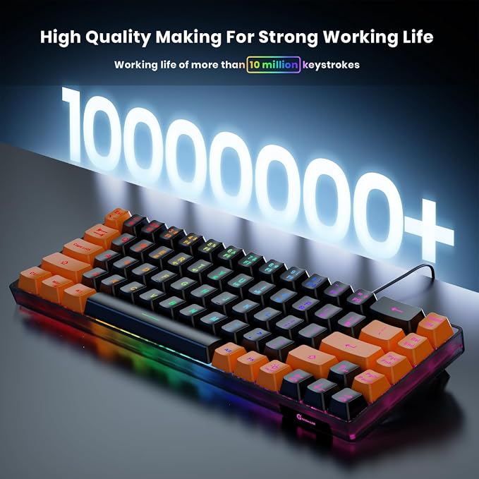 GEODMAER 65% Gaming Keyboard, LED Backlit Mini Wired Keyboard, Ultra-Compact Anti-Ghosting No-Conflict 68 Keys Membrane Gaming Wired Keyboard for PC Laptop Windows Gamer(Black-Orange) - Image 3