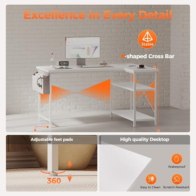Mericonia 55 inch L Shaped Gaming Desk, Large Corner Desk with Shelves | Reversible Computer Desk with Power Outlets & Storage Bag, Office Table for Home Bedroom Study Work Writing - Image 5