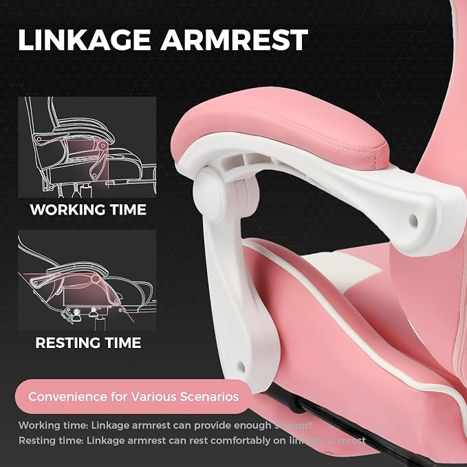 GTPLAYER Gaming Chair, Computer Chair with Footrest and Lumbar Support, Height Adjustable Game Chair with 360°-Swivel Seat and Headrest and for Office or Gaming (Faux Leather, Pink) - Image 5