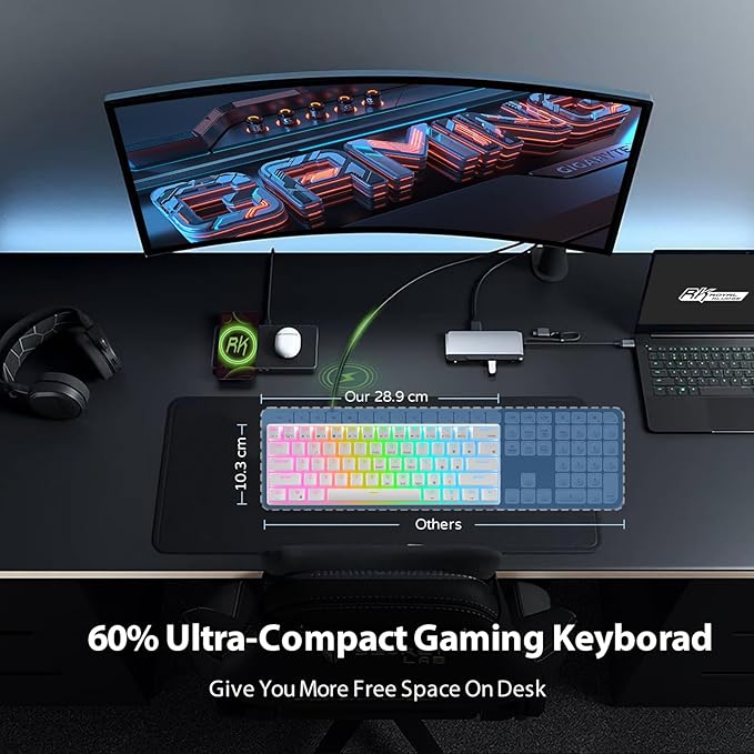 RK ROYAL KLUDGE RK61 Wired 60% Mechanical Gaming Keyboard Programmable QMK/VIA RGB Backlit 61 Keys Ultra-Compact Hot Swappable Brown Switch White - Image 5