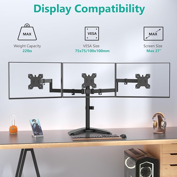 WALI Triple Monitor Stand, Free Standing Three LCD Monitor Fully Adjustable Desk Mount Fits 3 Screens up to 27 inch, 22 lbs Weight Capacity per Arm (MF003), Black - Image 3
