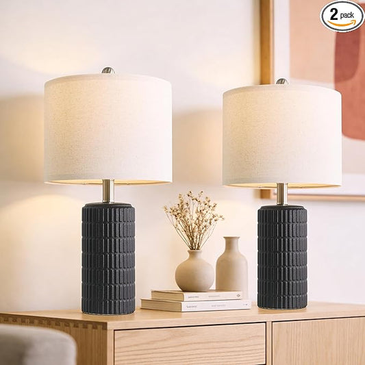 PoKat Small Table Lamps Set of 2 for Bedroom, 20.75'' Matte-Textured Farmhouse Ceramic Bedside Lamps for Night Stands, Stone-Like Modern Lamps for Living Room End Table Hallway Entryway Decor Black by Pokat