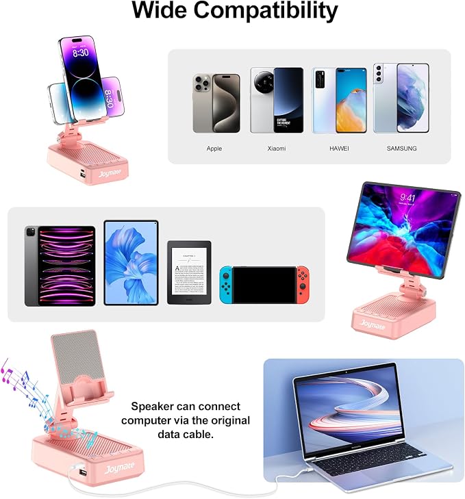 Gifts for Women Girls, Phone Stand with Bluetooth Speaker and Charging Function 360° Rotable Angle Adjustable Cell Phone Holder with HD Stereo Sound Fits All Phones,Tablet (Pink) - Image 5
