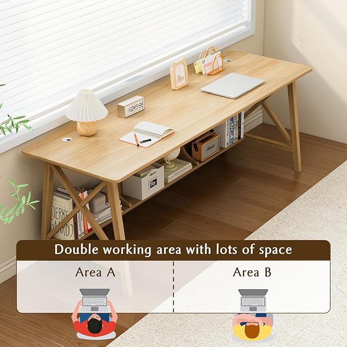 NELYE Extra Long Writing Desk with Bookshelf, 55" Wx20 Dx30 H, Oak | Wooden Home Office Work Study Table, Computer Gaming Workstation with Storage Shelf, Sturdy MDF Resists Wobble - Image 4