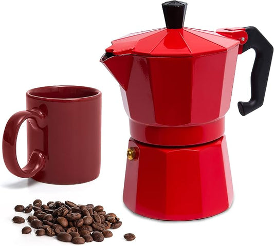 Mixpresso 3 Cup Moka Pot Stovetop Espresso Maker, Italian Cuban Coffee Pot | 5oz aluminum Italian coffee maker for gas and electric stovetops, small design for traditional coffee at home, Mug 4.4 Oz by Mixpresso