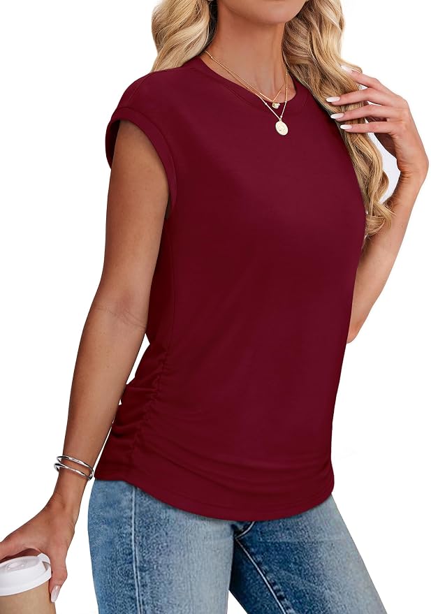 Sampeel Womens Summer Tops Trendy 2026 Ruched Cap Short Sleeve Tshirts Shirts Crew Neck T Shirts Fashion - Image 4