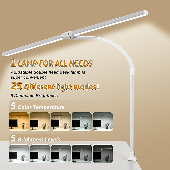 LED Desk Lamp with Clamp, Dual Head Monitor Light, Remote | 24W Dimmable Eye-Caring Task Lamp with Timer, Anti-Glare Cover and Gooseneck for Home Office Dorm, Workbench and Study - Image 3