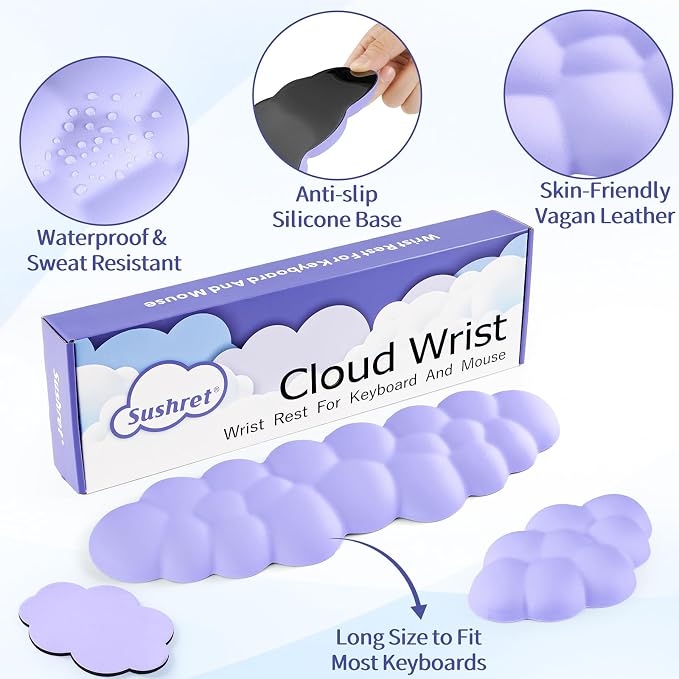 Sushret Cloud Wrist Rest Keyboard, Cloud Keyboard Wrist Pad Set with PU Leather Memory Foam, Cute Arm Rest for Palm Support, PC/Gaming Desk Accessories/Office Setup/Computer Hand Cushion - Purple - Image 5