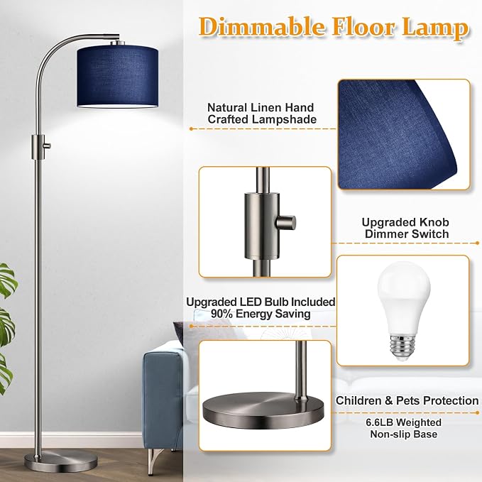 Nintiue Upgraded Modern Arc Dimmable Tall Standing Floor Lamp with Blue Shade, 1200 Lumens LED Bulb Included, for Living & Reading Room, Bedroom, Office & Nursery, Brushed Nickel - Image 4