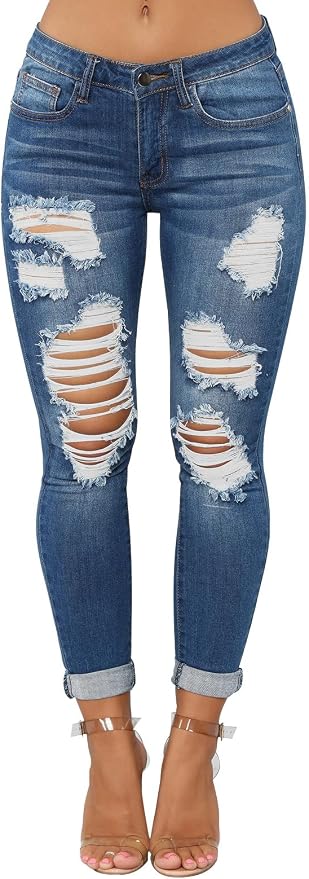 KUNMI Women's Skinny Ripped Trendy Jeans Distressed Stretchy Denim Pants - Image 2
