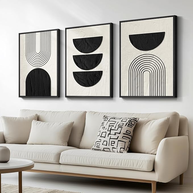 Large Framed Neutral Black and Beige Wall Art, 3 Piece Modern Canvas Prints Paintings Artwork for Walls, Minimalist Boho Geometric Pictures Wall Decor for Living Room Bedroom Home Office 20x30 In by Cuspin