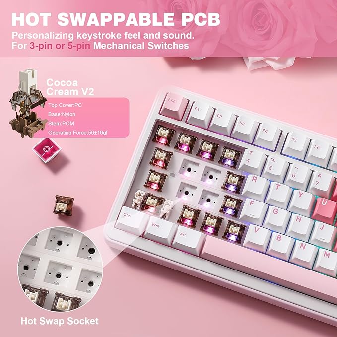 YUNZII B75 PRO 75% Wireless Mechanical Keyboard (White Heart,Cocoa V2) | Hot Swap Keyboard with Knob, Gasket Mount, Creamy Pre-lubed Switch for Smooth Typing, BT/USB-C/2.4G, for Gaming - Image 5