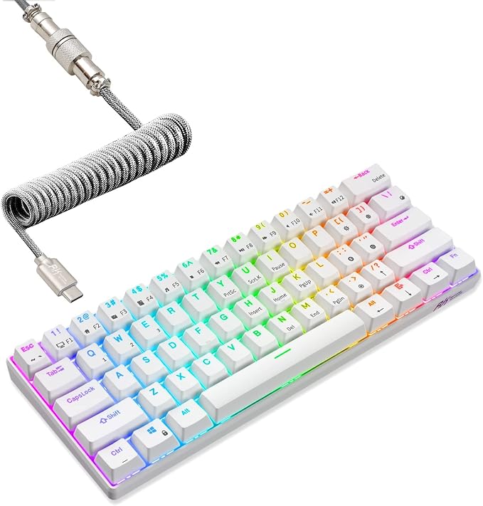 RK ROYAL KLUDGE RK61 Wireless Mechanical Keyboard with Coiled Cable, White | 60% RGB Gaming Keyboard with Bluetooth/2.4GHz/Wired, Hot Swappable 61 Keys Ultra-Compact for Win/Mac/PC, Tactile Brown Switch by RKROYALKLUDGE