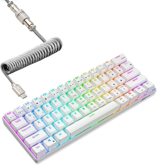 RK ROYAL KLUDGE RK61 Wireless Mechanical Keyboard with Coiled Cable, White | 60% RGB Gaming Keyboard with Bluetooth/2.4GHz/Wired, Hot Swappable 61 Keys Ultra-Compact for Win/Mac/PC, Tactile Brown Switch by RKROYALKLUDGE