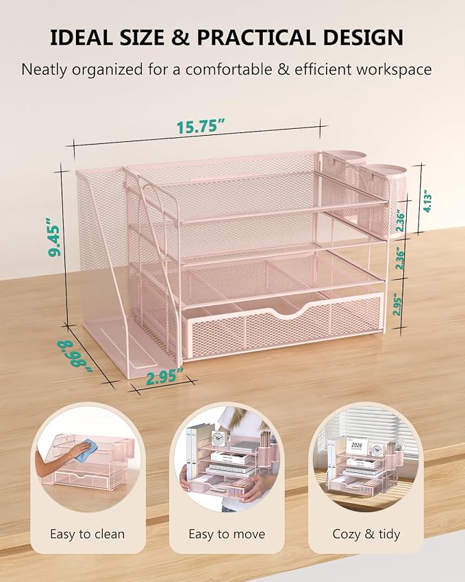 WALI Desk File Organizer, 4 Tier Desktop Paper Letter Tray Organizer with Drawer and 2 Pen Holders, Office Desk Accessories & Workspace Organizers for Office, Home Supplies(DO005DH-P), 1 Pack, Pink - Image 8