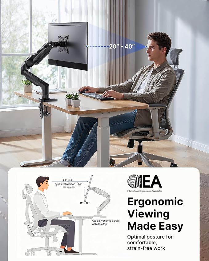 HUANUO FlowLift™ Single Monitor Mount, 13 to 32 Inch Monitor Arm, Adjustable Monitor Stand, Vesa Mount with Clamp and Grommet Base - Fits 4.4 to 19.8lbs LCD Computer Monitors - Image 6